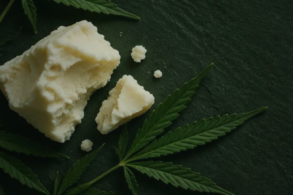 Raw shea butter and fresh hemp leaves on dark slate