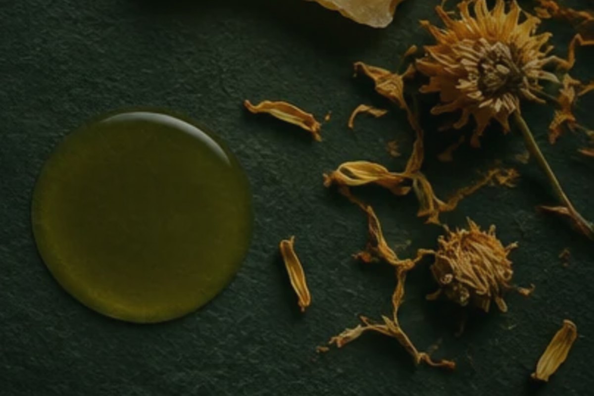 A disc of golden botanical oil beside dried calendula flowers on slate