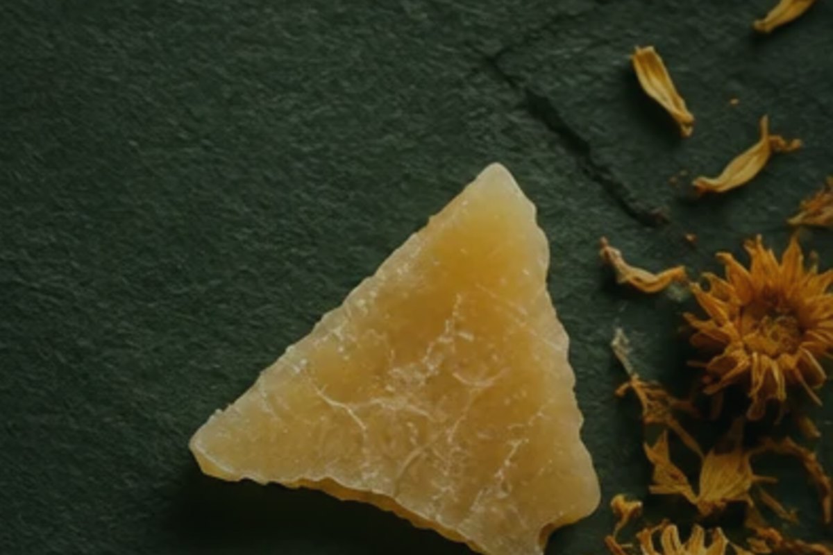 A piece of natural beeswax with dried calendula on dark slate